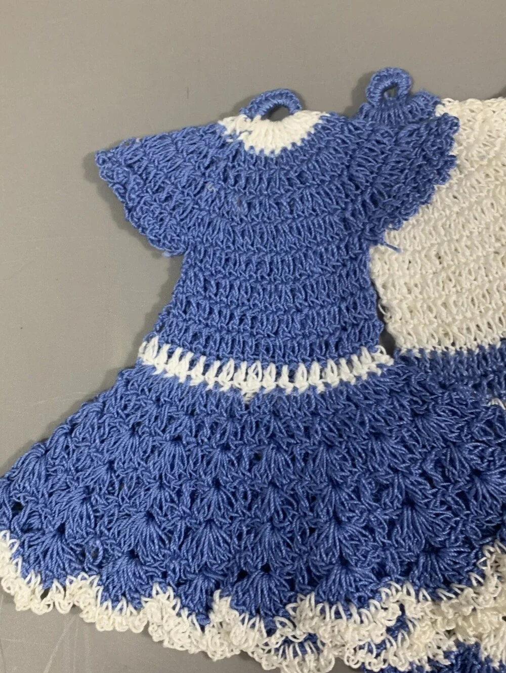 Vintage Crochet Dress Potholders Lot of 2 Handmade Blue White Retro Doll Kitchen